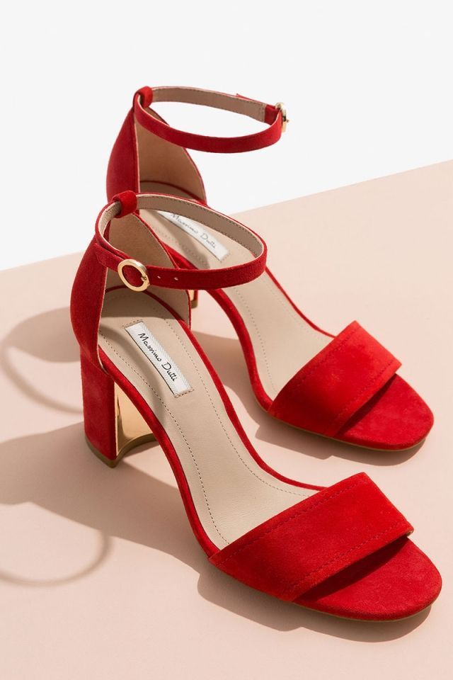 Red Suede Ankle-Strap Block Heel Sandals