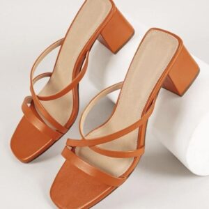 Tan Strappy Block Heel Mules