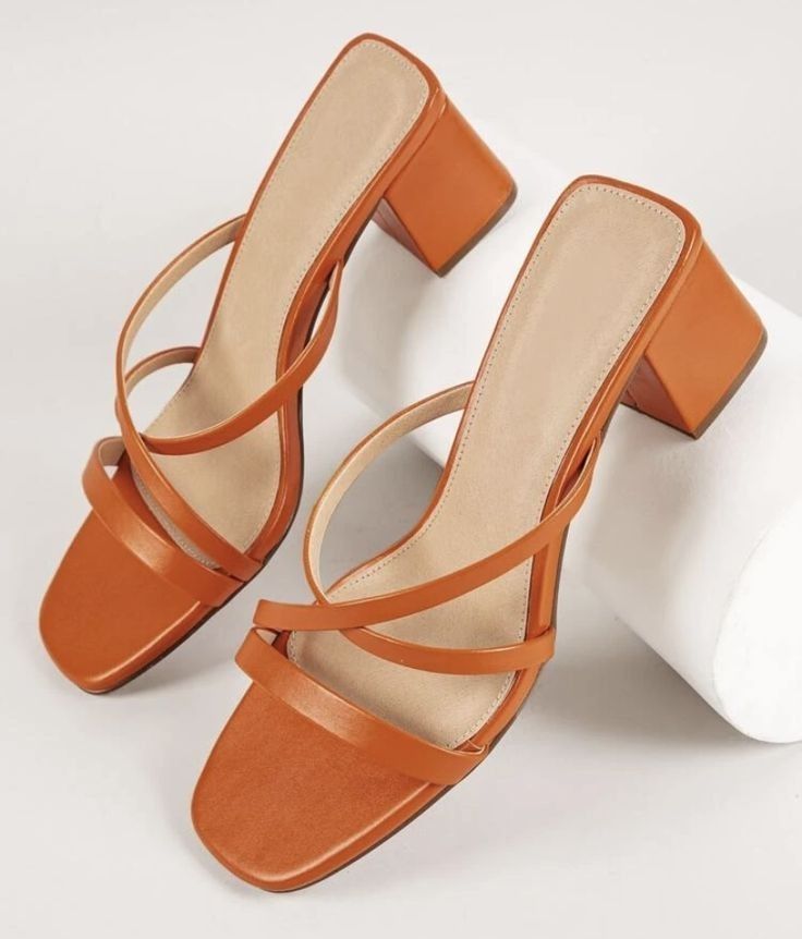 Tan Strappy Block Heel Mules