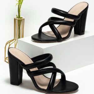 Black Cross-Strap Chunky Heel Mules
