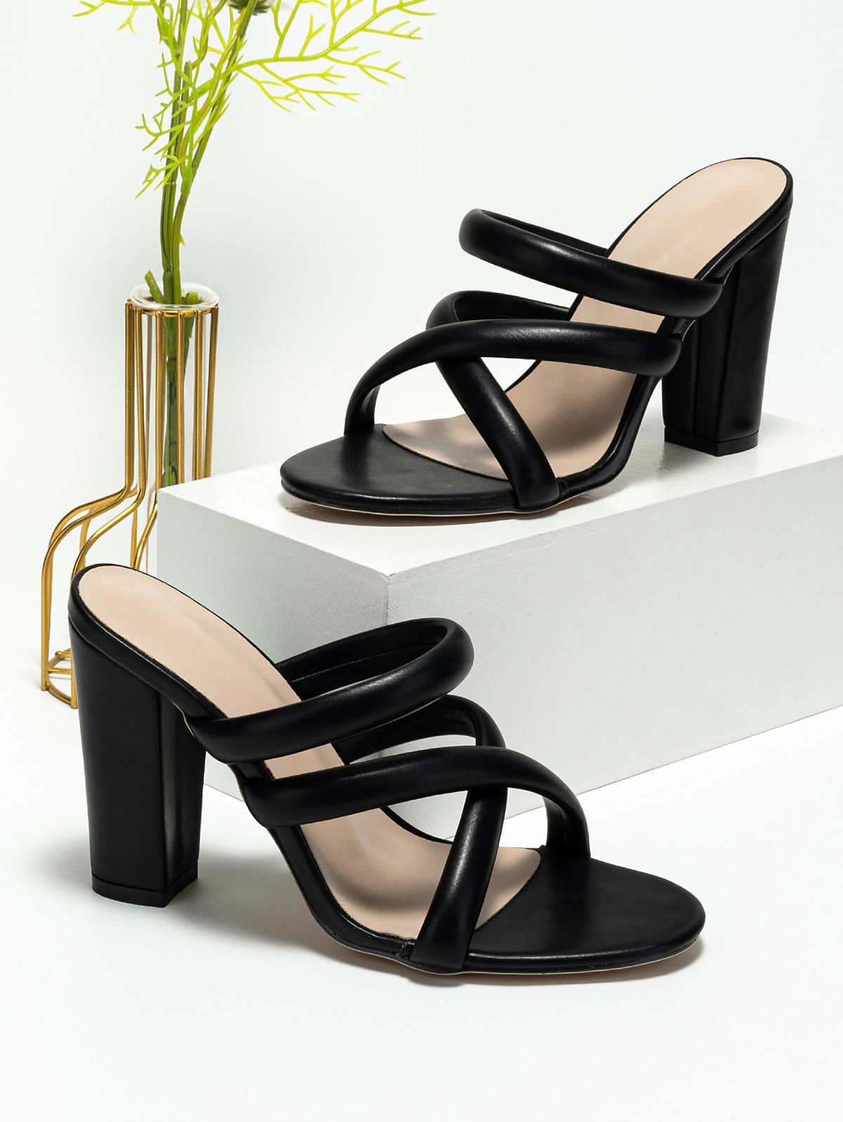 Black Cross-Strap Chunky Heel Mules