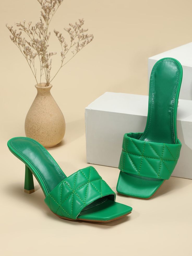 Green Quilted Heeled Slide Mules